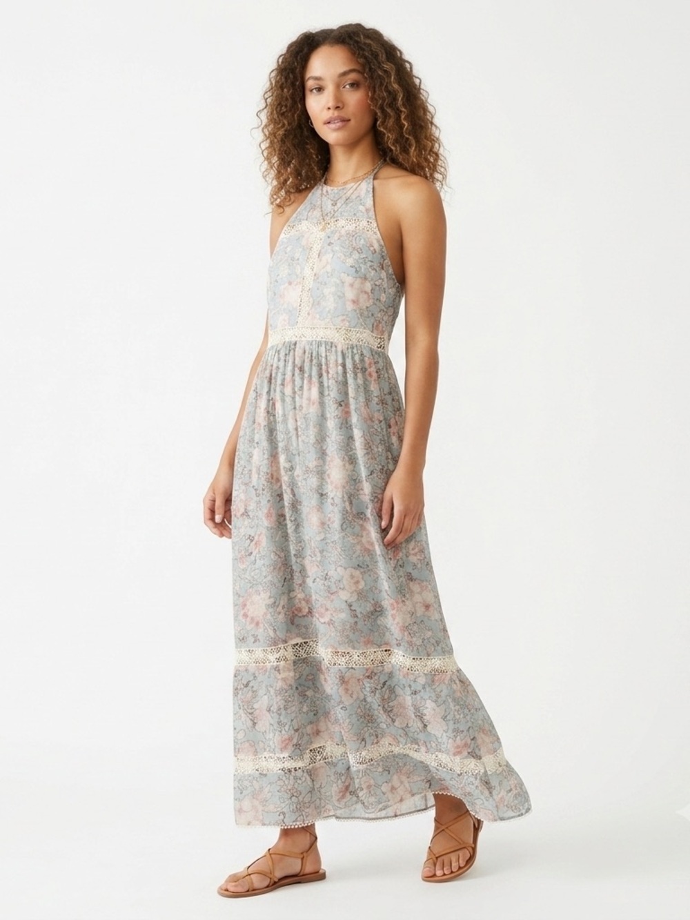 ZIMMERMANN Gemma Halter Maxi Dress Lace Insert Floral Cotton Silk Blue Fits M